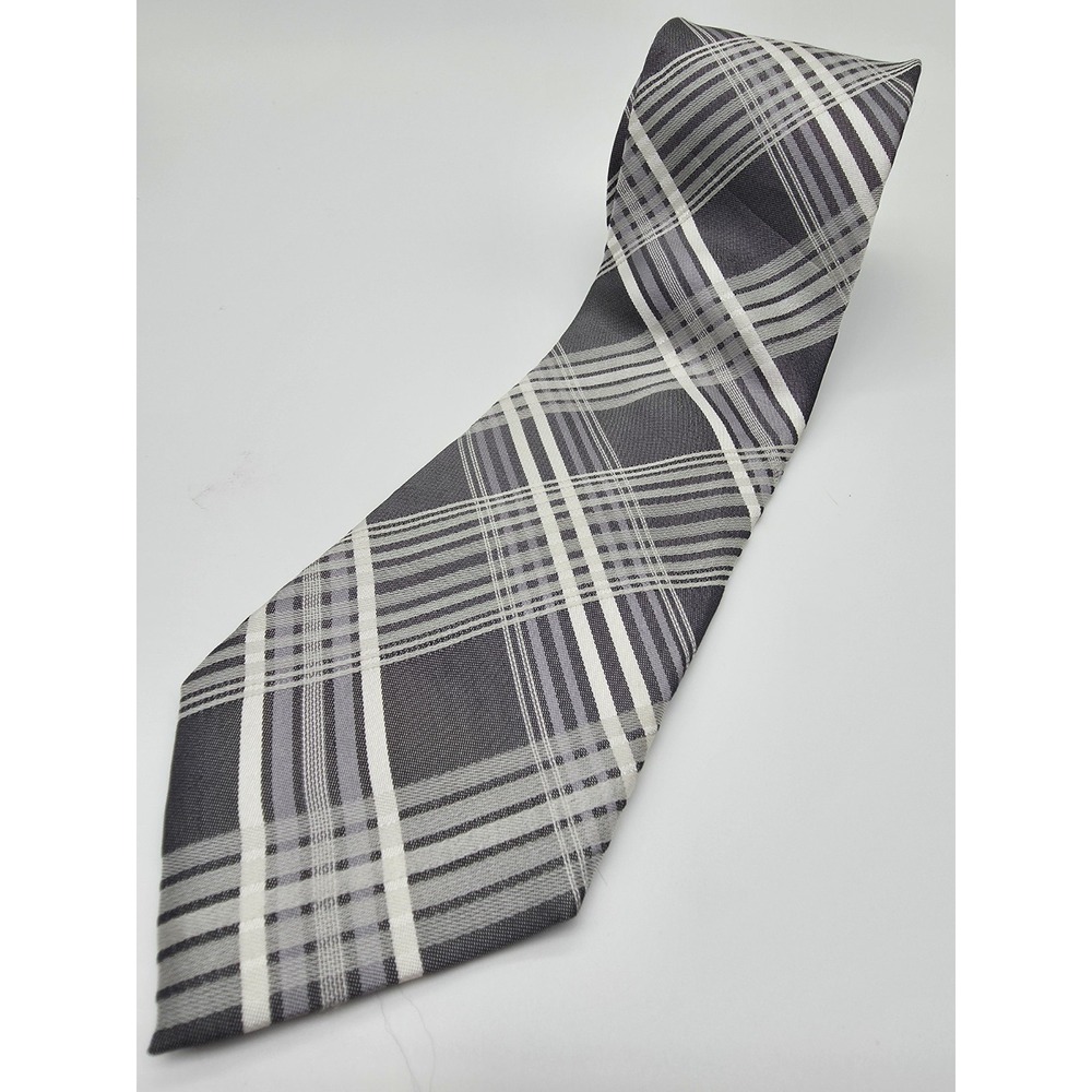 Calvin Klein‎ Gray Black White Tie Plaid Necktie 57" x 3"